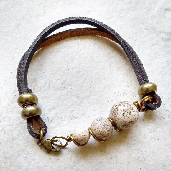 Chunky Graduated Picture Jasper + Genuine Rawhide Bracelet! Rustic Rugged Femme - Picture 1 of 6